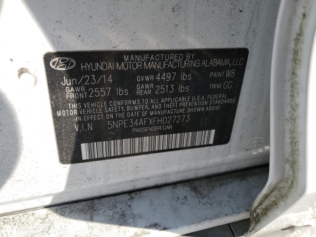 2015 Hyundai Sonata VIN 5NPE34AFXFH027273 Copart auction photo, front end damage thumbnail 14