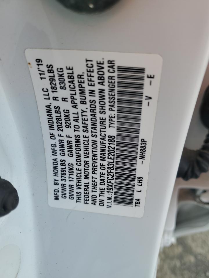 2020 Honda Civic VIN 19XFC2F83LE202188 Copart auction photo, front end / side damage thumbnail 12