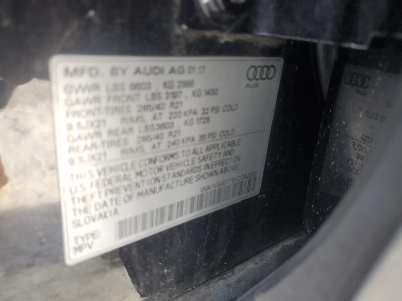 2017 Audi Q7 VIN WA1VAAF74HD042330 Copart auction photo, front end damage thumbnail 13