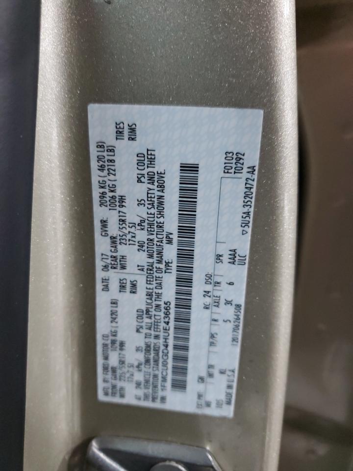 2017 Ford Escape VIN 1FMCU0GD4HUE43665 Copart auction photo, side / rear end damage thumbnail 13