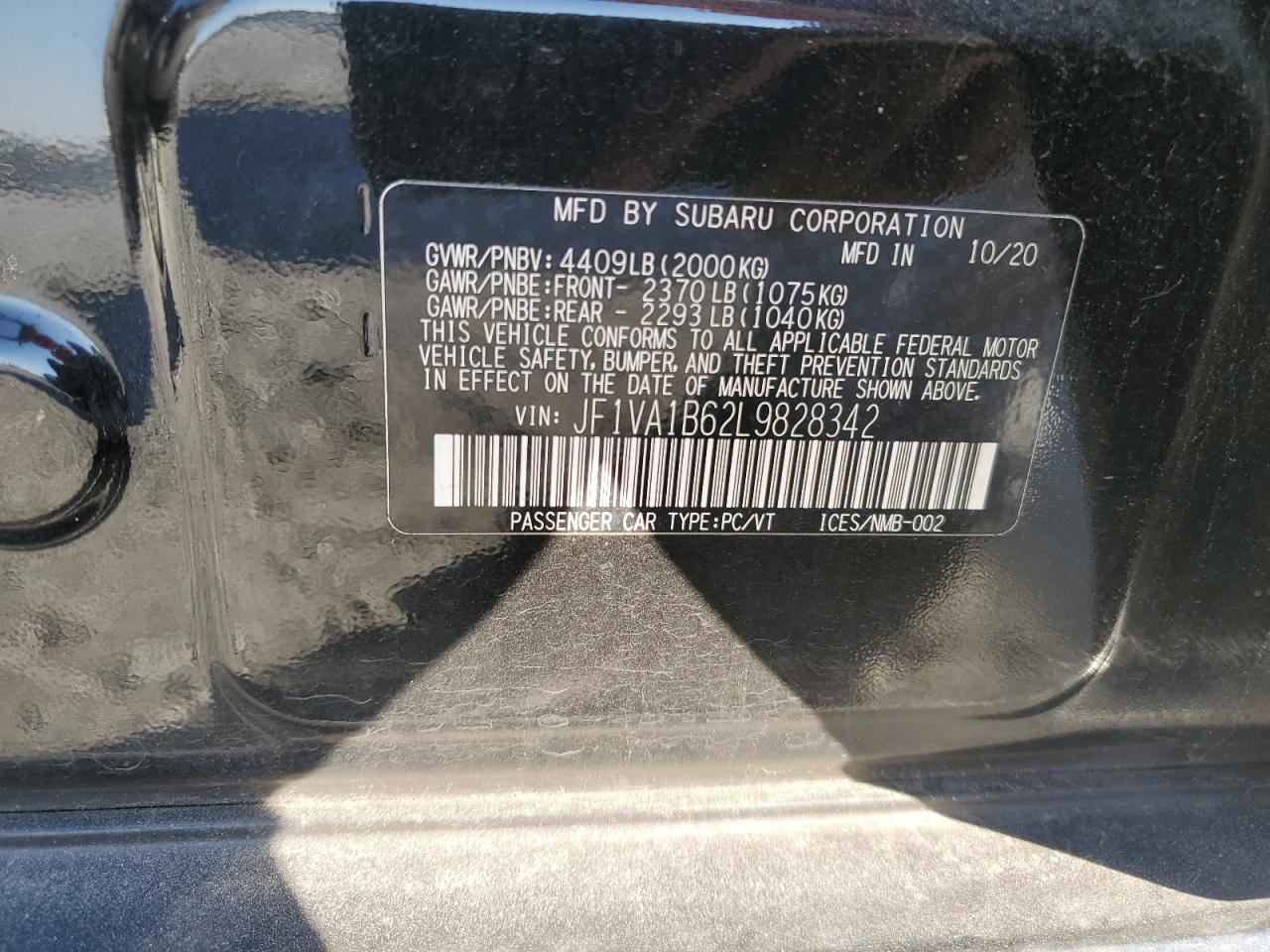 2020 Subaru WRX VIN JF1VA1B62L9828342 Copart auction photo, normal wear damage thumbnail 12