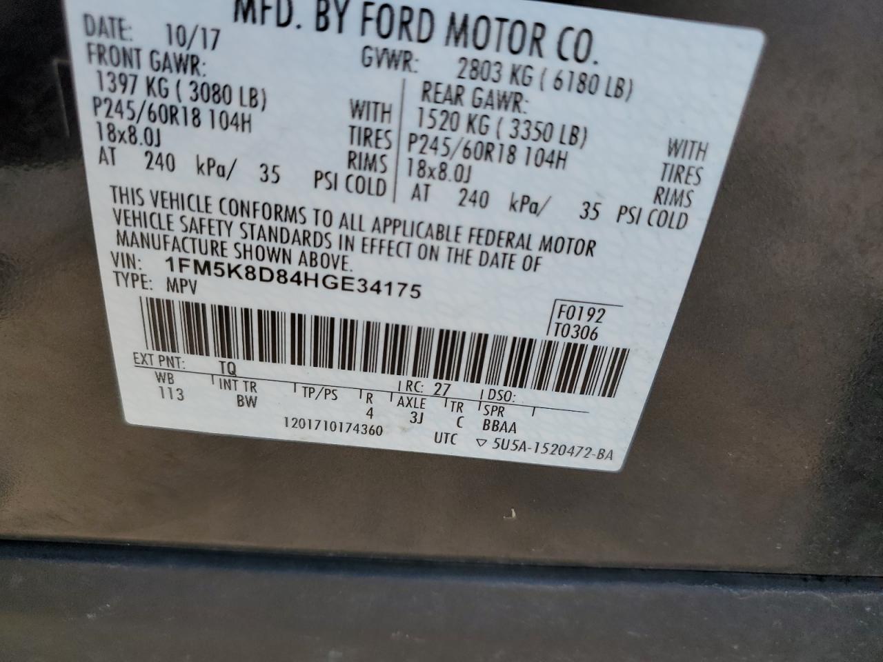 2017 Ford Explorer VIN 1FM5K8D84HGE34175 Copart auction photo, front end / minor dent/scratches damage thumbnail 15