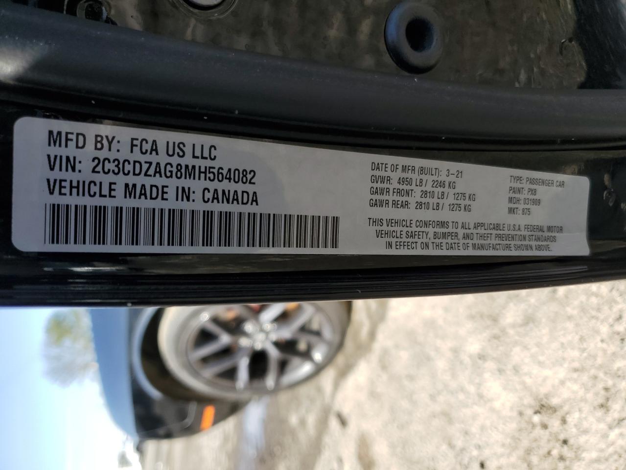 2021 Dodge Challenger VIN 2C3CDZAG8MH564082 Copart auction photo, rear end / front end damage thumbnail 15