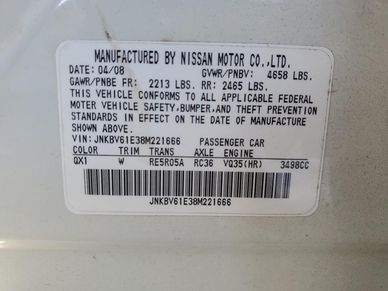 2008 Infiniti G VIN JNKBV61E38M221666 Copart auction photo, rear end / side damage thumbnail 12