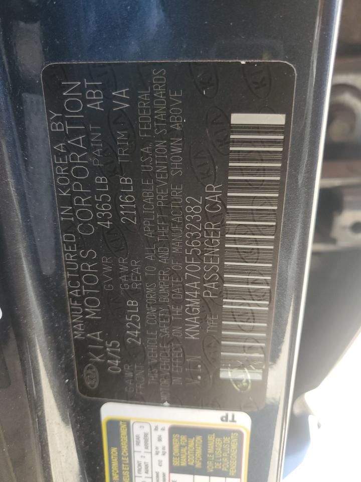 2015 KIA Optima VIN KNAGM4A70F5632382 Copart auction photo, rear end / top/roof damage thumbnail 14