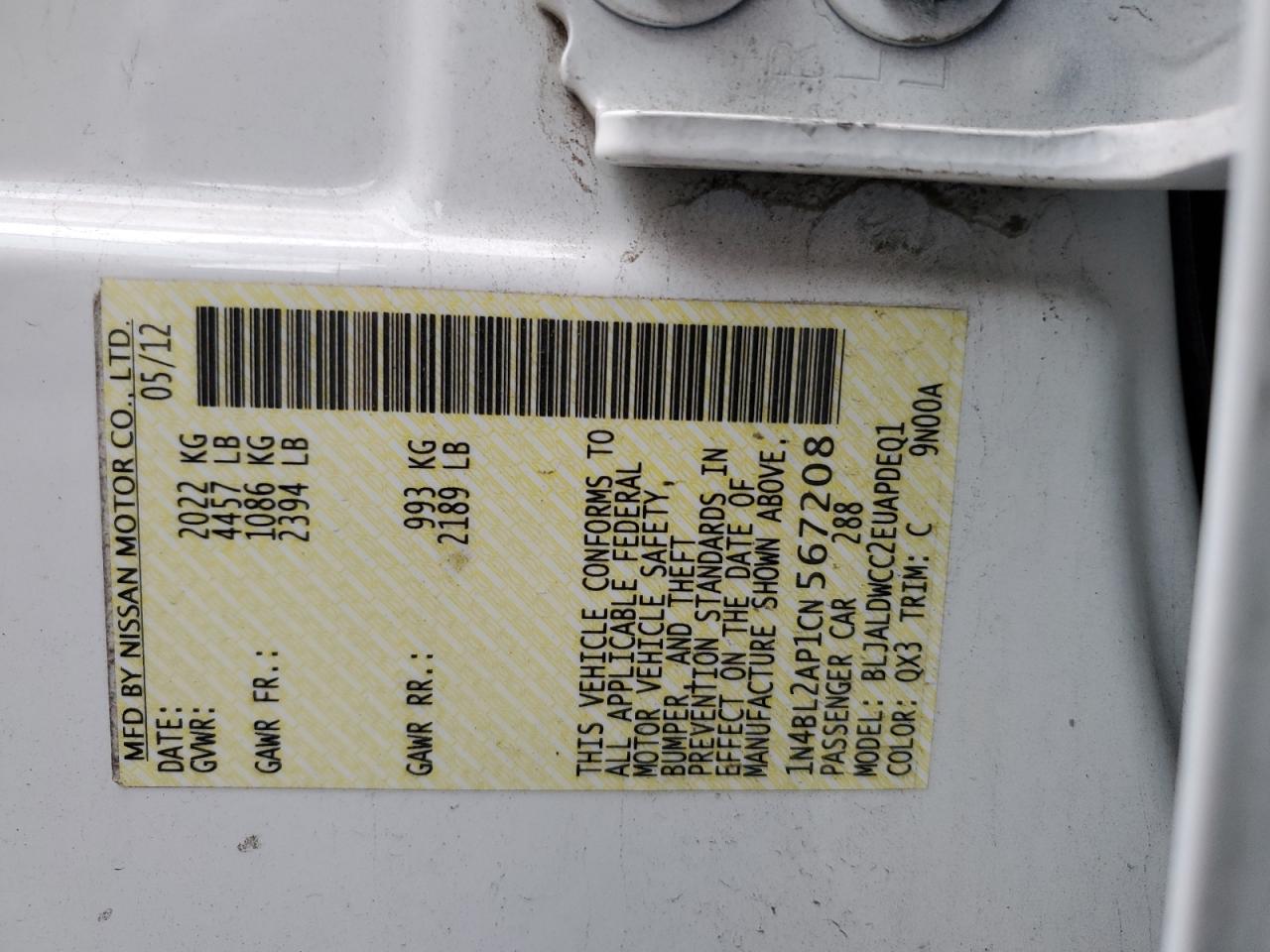 2012 Nissan Altima VIN 1N4BL2AP1CN567208 Copart auction photo, front end damage thumbnail 14