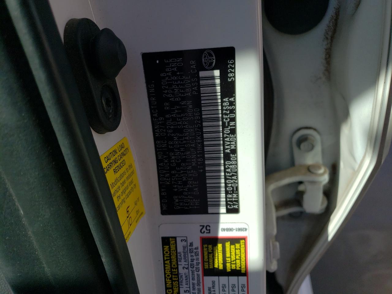 2019 Toyota Camry VIN 4T1B11HK8KU752960 Copart auction photo, all over damage thumbnail 12