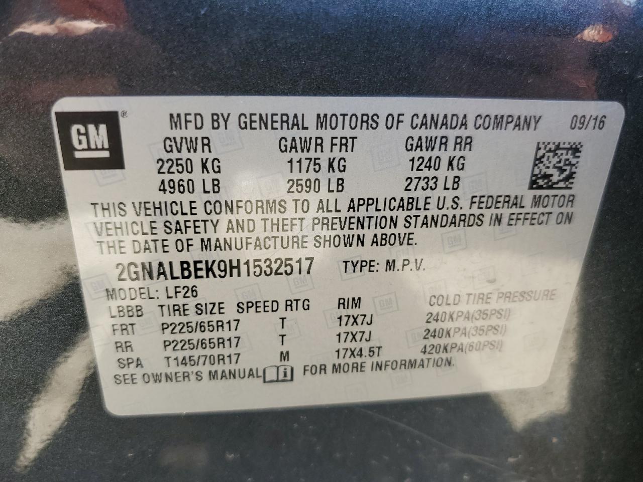 2017 Chevrolet Equinox VIN 2GNALBEK9H1532517 Copart auction photo, front end / minor dent/scratches damage thumbnail 15