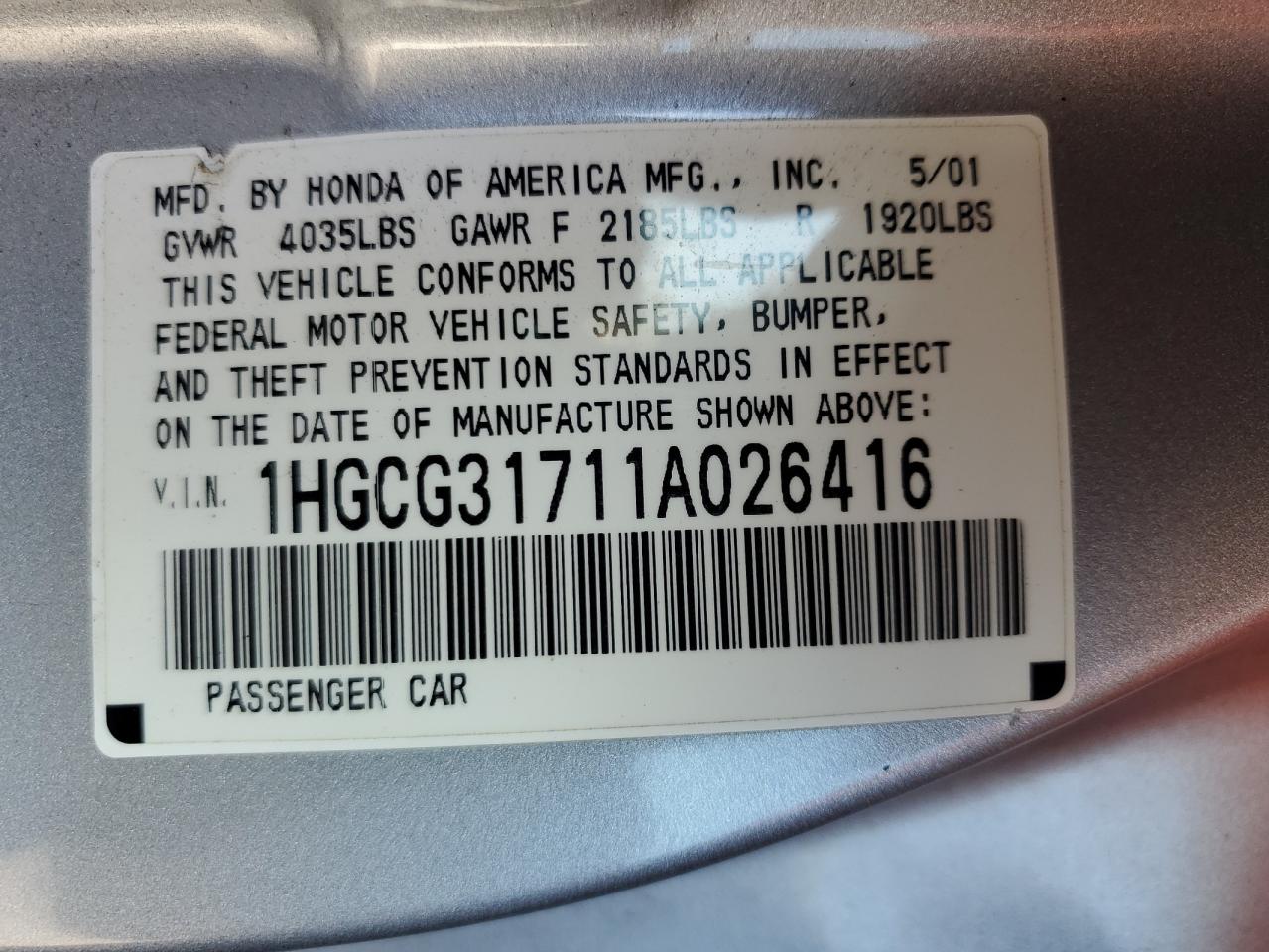 2001 Honda Accord VIN 1HGCG31711A026416 Copart auction photo, front end / side damage thumbnail 12