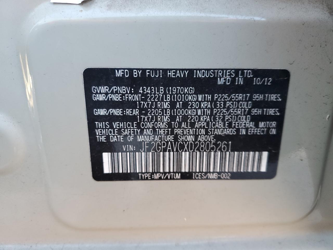 2013 Subaru XV VIN JF2GPAVCXD2805261 Copart auction photo, front end / minor dent/scratches damage thumbnail 16
