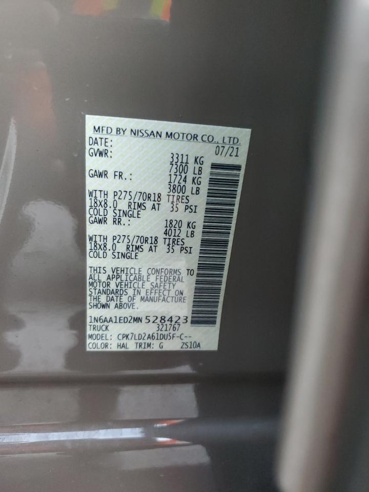 2021 Nissan Titan VIN 1N6AA1ED2MN528423 Copart auction photo, rear end damage thumbnail 12