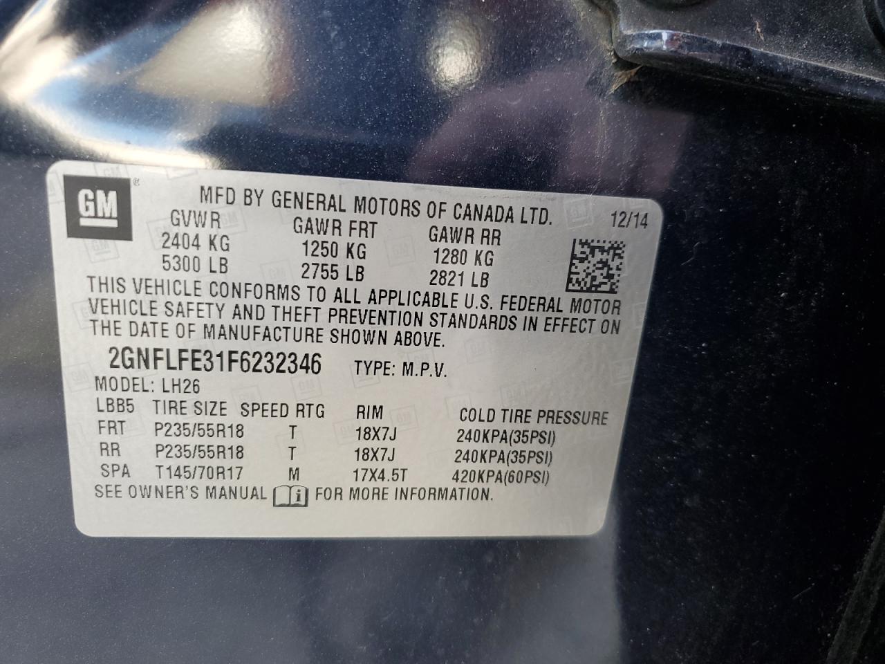 2015 Chevrolet Equinox VIN 2GNFLFE31F6232346 Copart auction photo, side / front end damage thumbnail 14