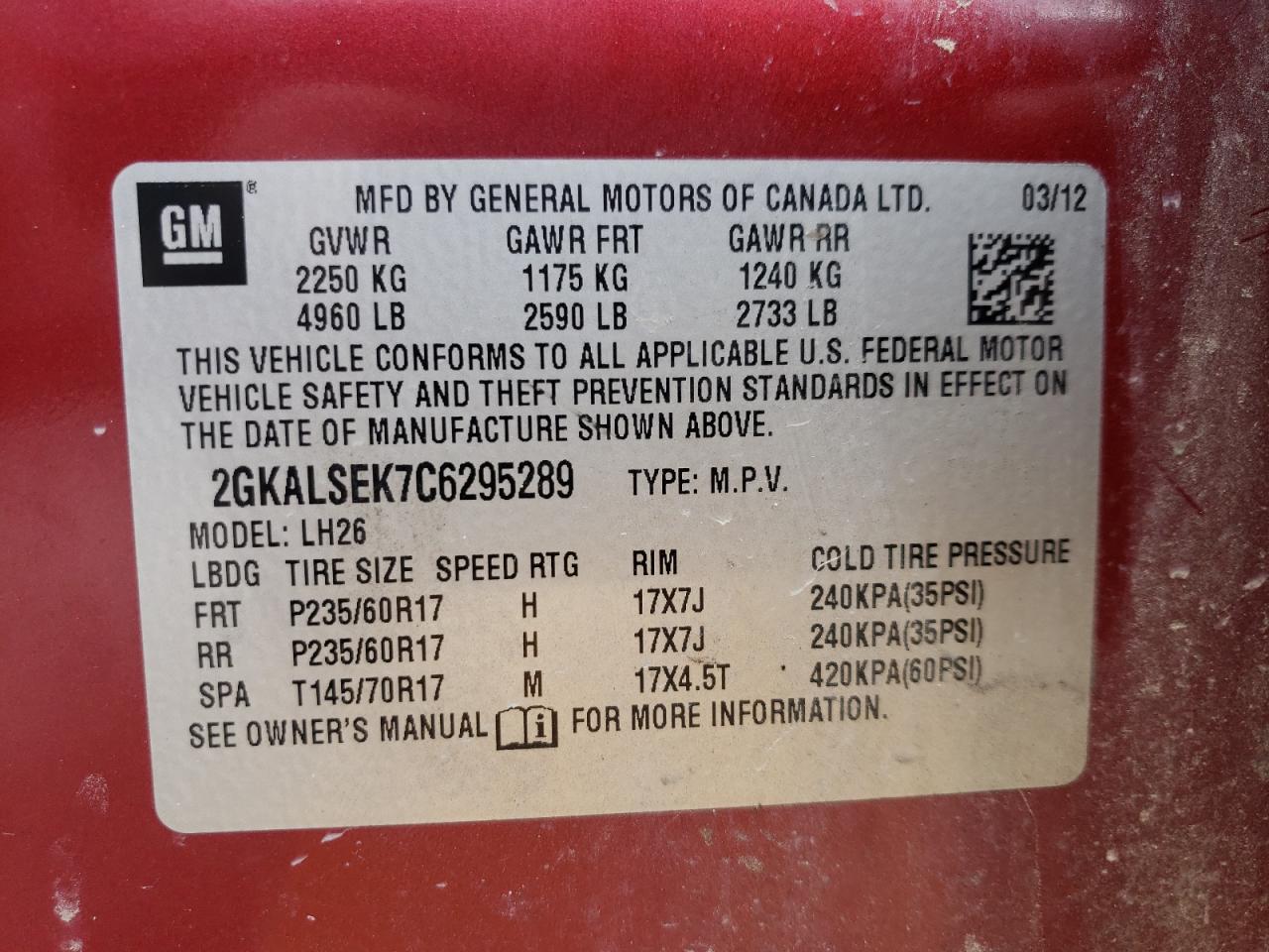 2012 GMC Terrain VIN 2GKALSEK7C6295289 Copart auction photo, front end / hail damage thumbnail 13