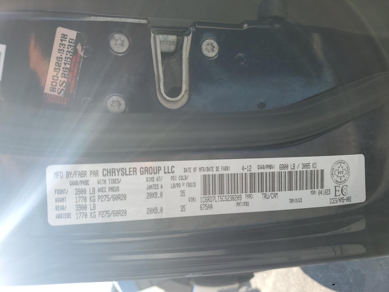 2012 Dodge RAM VIN 1C6RD7LT5CS238209 Copart auction photo, rear end / frame damage damage thumbnail 12