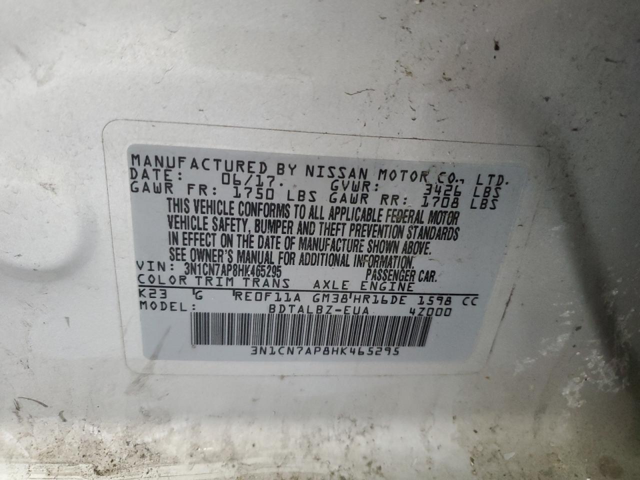 2017 Nissan Versa VIN 3N1CN7AP8HK465295 Copart auction photo, side / rear end damage thumbnail 12