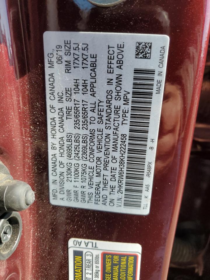 2019 Honda CR-V VIN 2HKRW6H38KH222458 Copart auction photo, rear end damage thumbnail 13