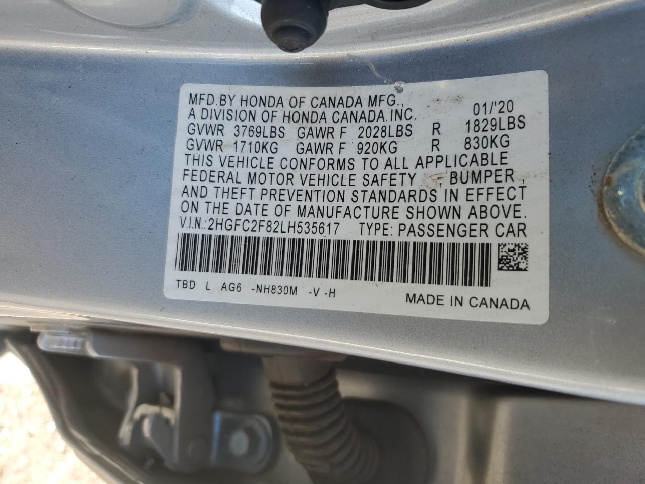 2020 Honda Civic VIN 2HGFC2F82LH535617 Copart auction photo, rear end / top/roof damage thumbnail 12