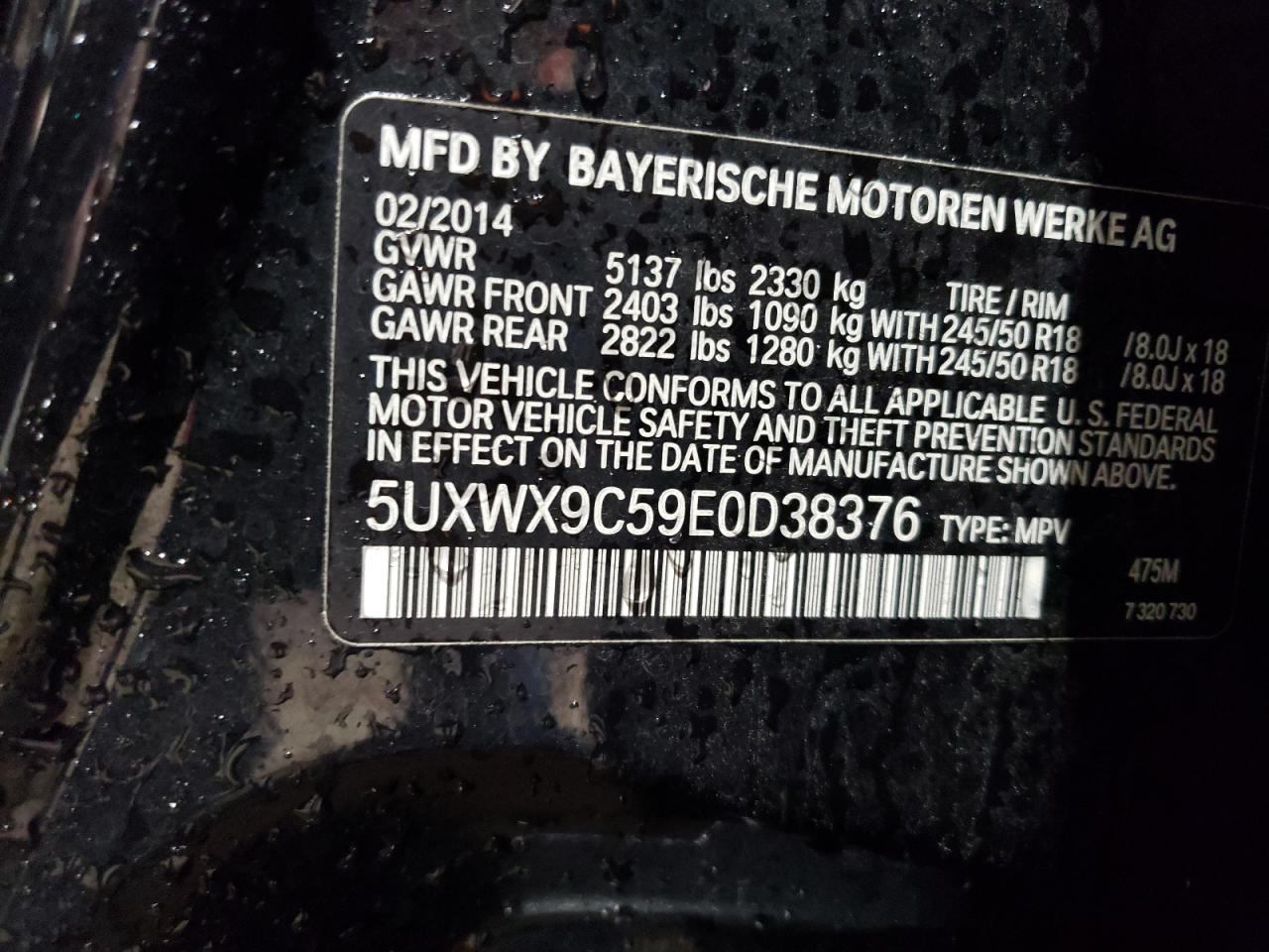2014 BMW X3 VIN 5UXWX9C59E0D38376 Copart auction photo, rear end damage thumbnail 14