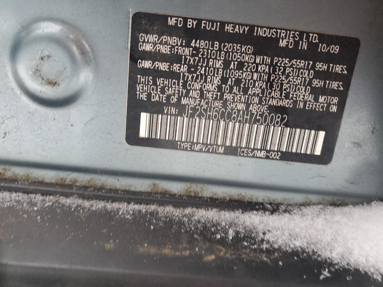 2010 Subaru Forester VIN JF2SH6CC8AH750082 Copart auction photo, rear end / minor dent/scratches damage thumbnail 13