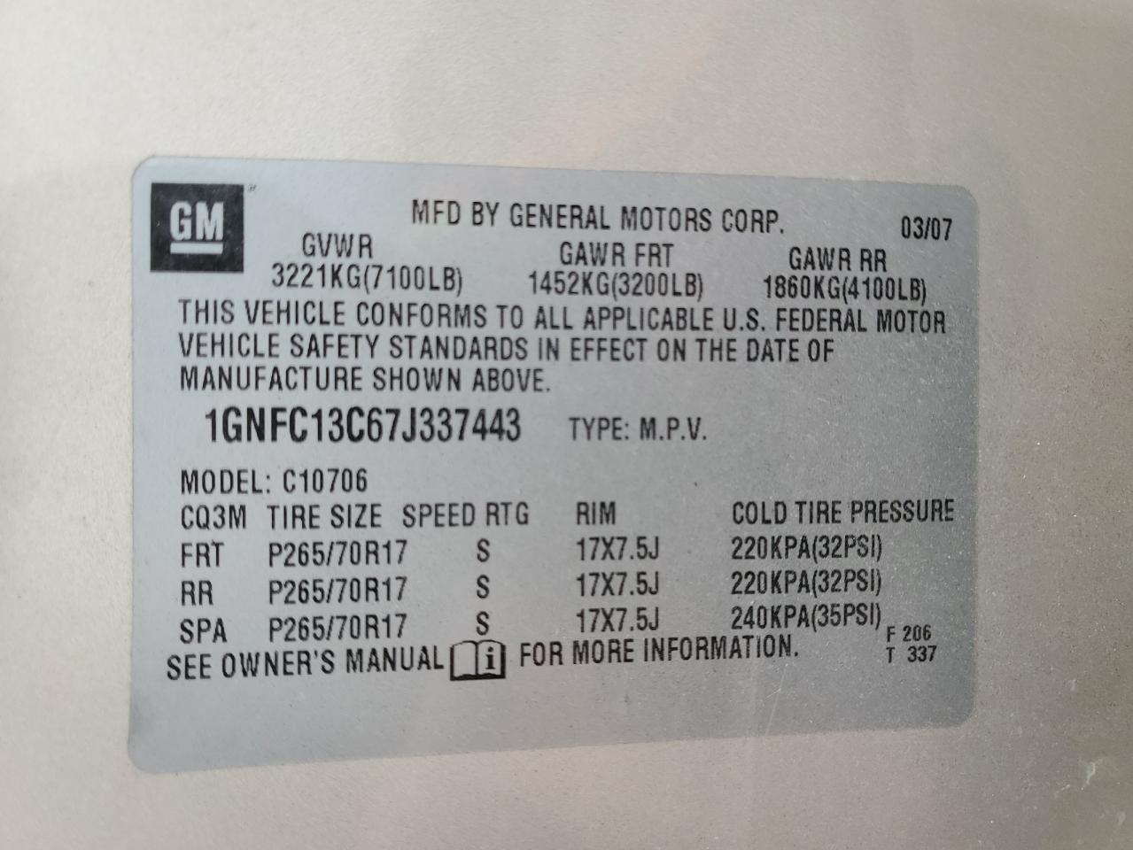 2007 Chevrolet Tahoe VIN 1GNFC13C67J337443 Copart auction photo, side / front end damage thumbnail 13