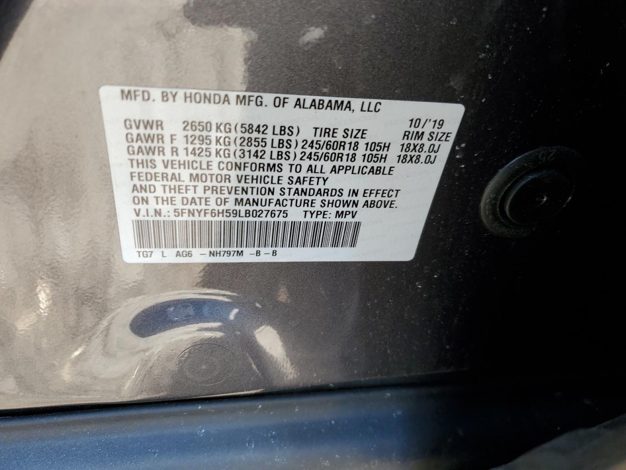 2020 Honda Pilot VIN 5FNYF6H59LB027675 Copart auction photo, rear end damage thumbnail 13