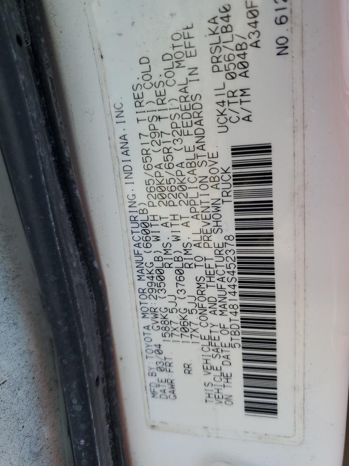2004 Toyota Tundra VIN 5TBDT48144S452378 Copart auction photo, front end damage thumbnail 12