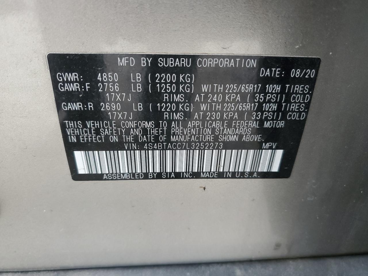 2020 Subaru Outback VIN 4S4BTACC7L3252273 Copart auction photo, front end / minor dent/scratches damage thumbnail 14