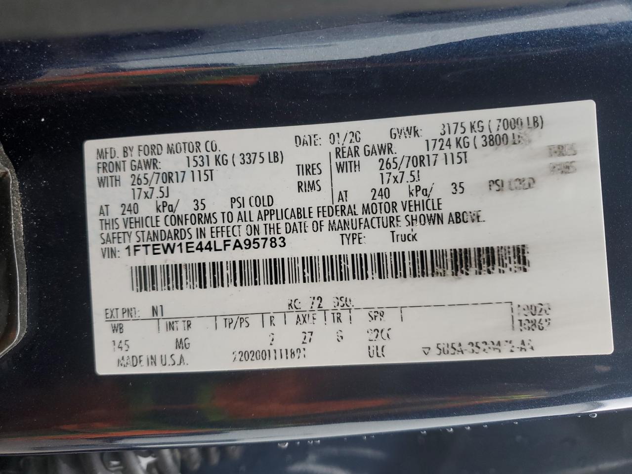 2020 Ford F-150 VIN 1FTEW1E44LFA95783 Copart auction photo, front end damage thumbnail 13