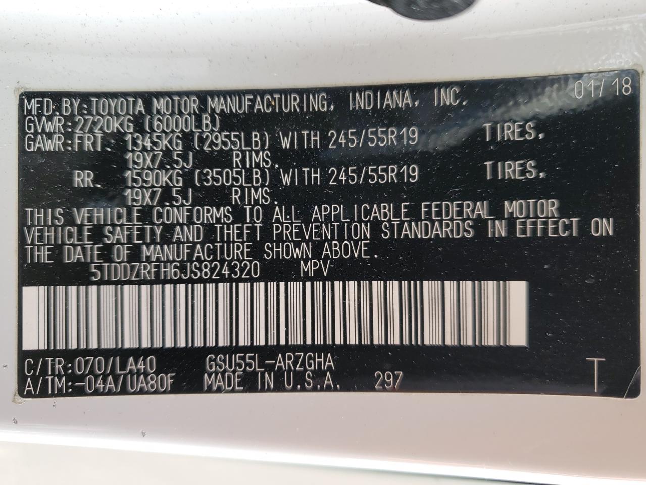 2018 Toyota Highlander VIN 5TDDZRFH6JS824320 Copart auction photo, rear end / side damage thumbnail 16
