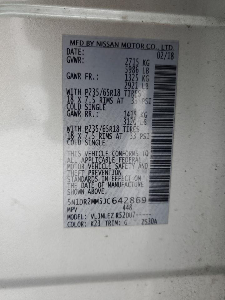 2018 Nissan Pathfinder VIN 5N1DR2MM5JC642869 Copart auction photo, side damage thumbnail 14