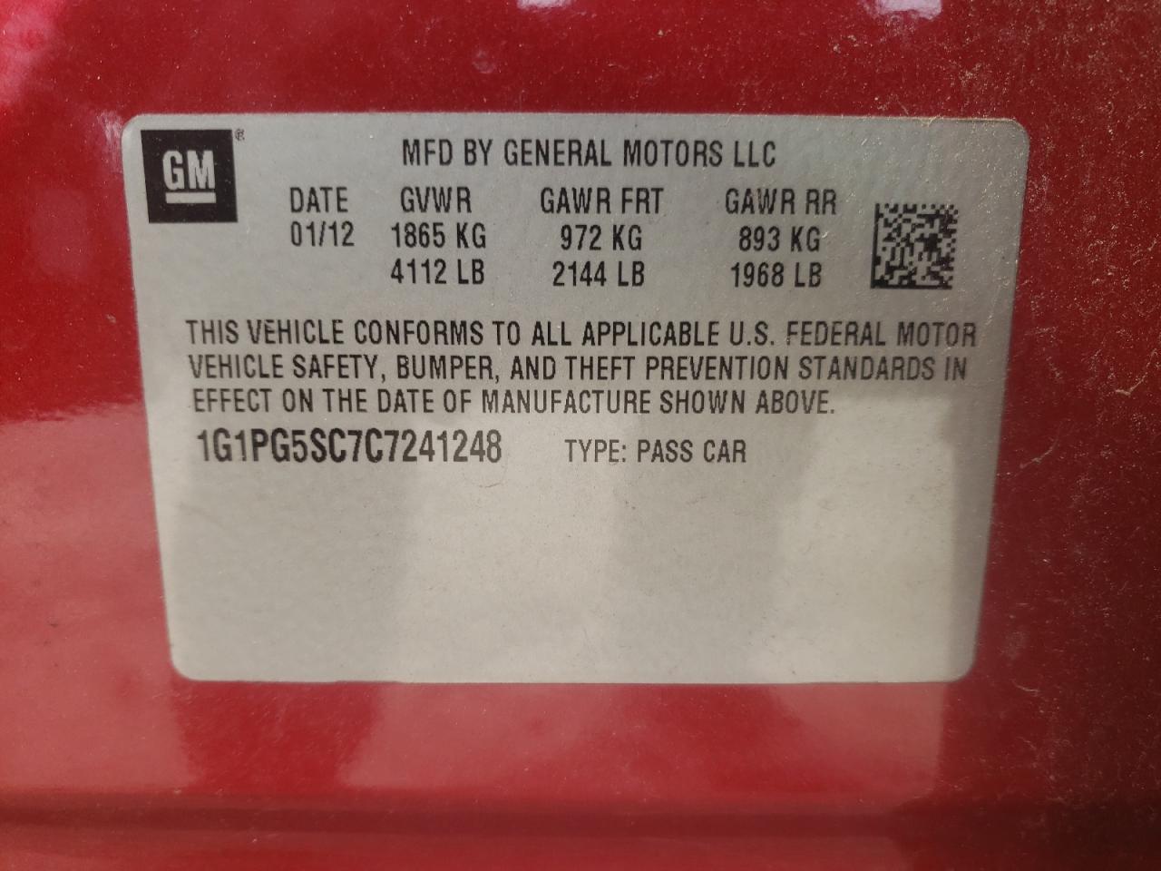 2012 Chevrolet Cruze VIN 1G1PG5SC7C7241248 Copart auction photo, front end / minor dent/scratches damage thumbnail 12