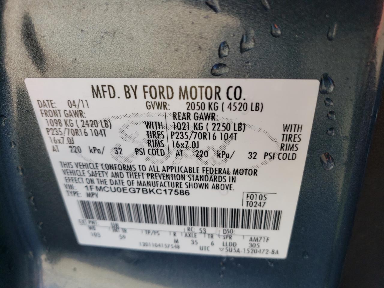2011 Ford Escape VIN 1FMCU0EG7BKC17586 Copart auction photo, front end damage thumbnail 13