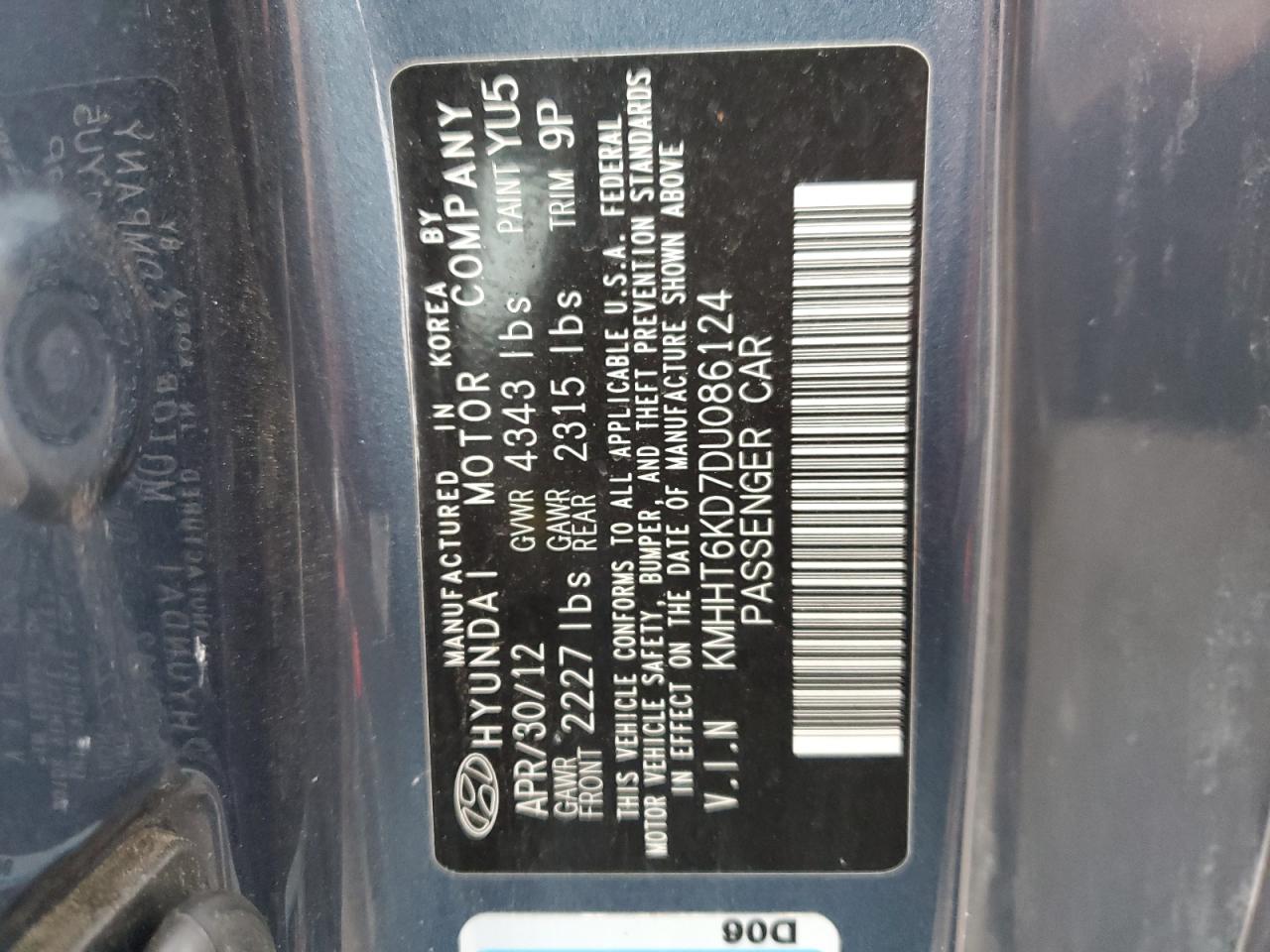 2013 Hyundai Genesis VIN KMHHT6KD7DU086124 Copart auction photo, front end damage thumbnail 12