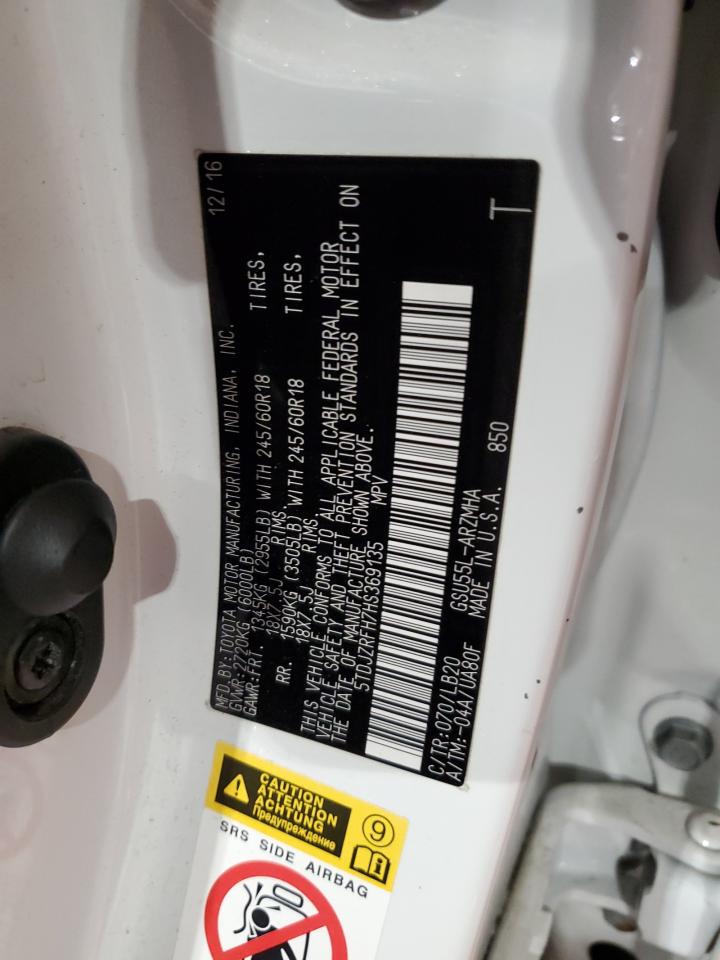2017 Toyota Highlander VIN 5TDJZRFH7HS369135 Copart auction photo, vandalism damage thumbnail 13