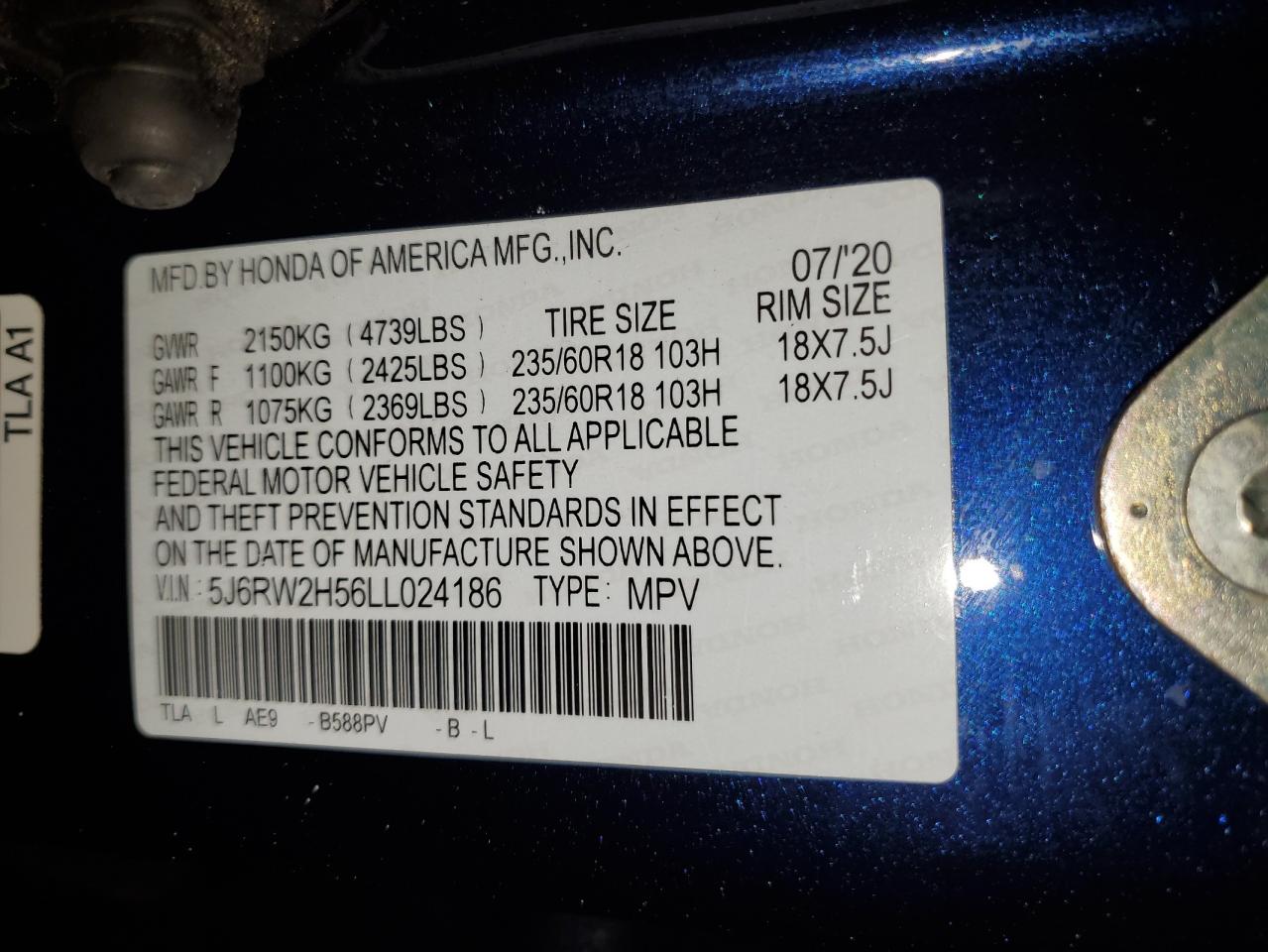 2020 Honda CR-V VIN 5J6RW2H56LL024186 Copart auction photo, front end / side damage thumbnail 14