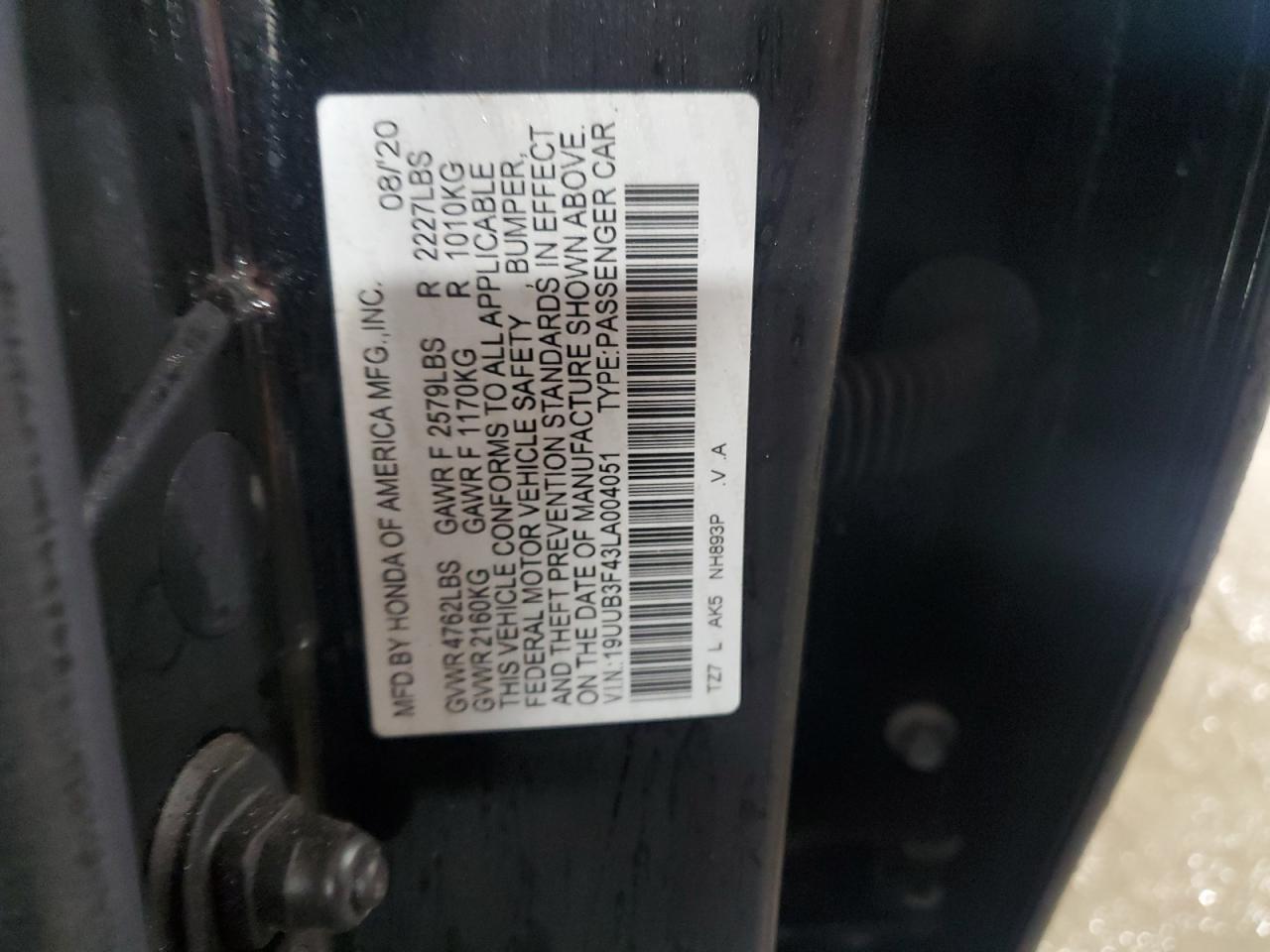 2020 Acura TLX VIN 19UUB3F43LA004051 Copart auction photo, front end damage thumbnail 13