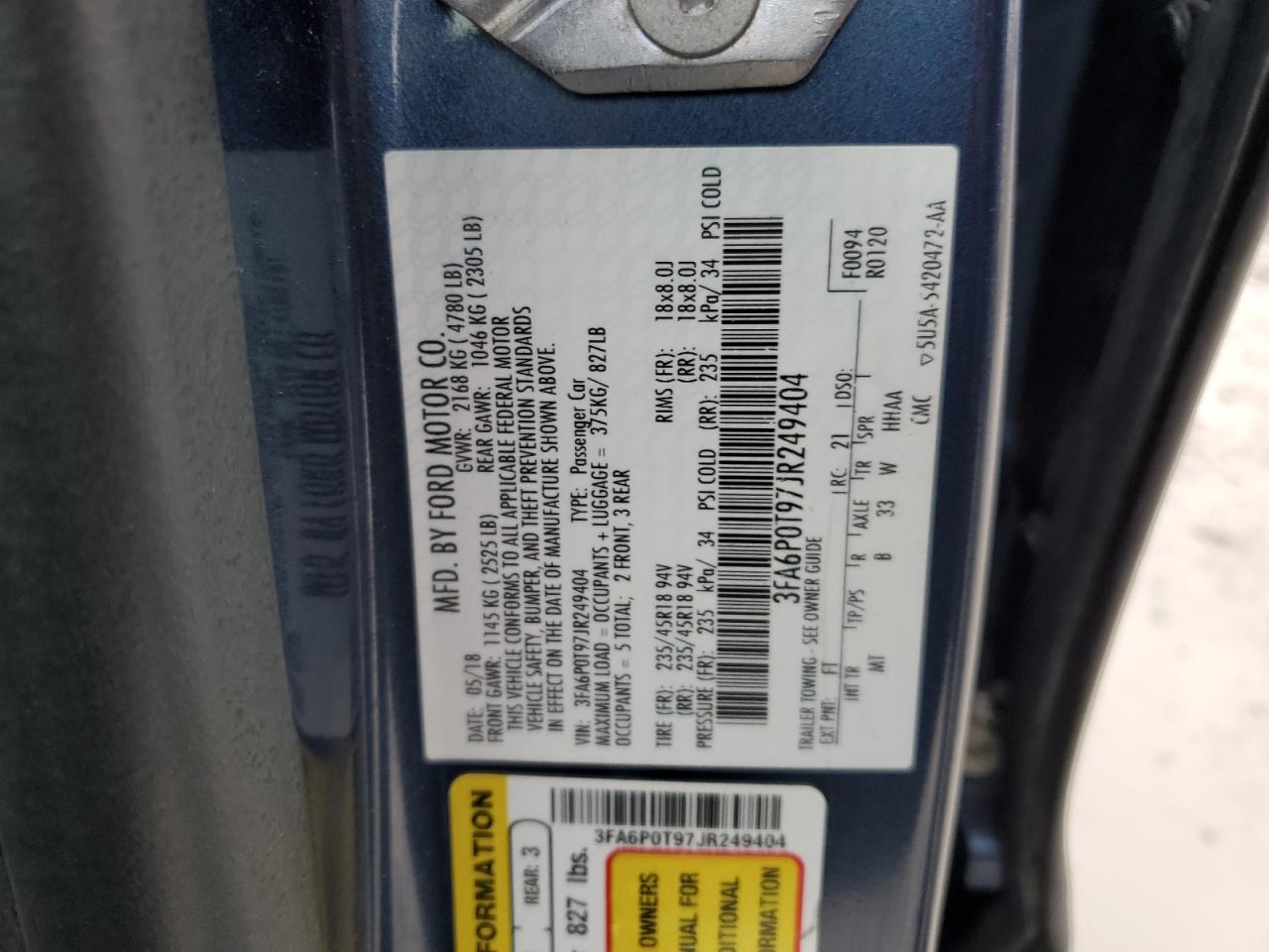 2018 Ford Fusion VIN 3FA6P0T97JR249404 Copart auction photo, front end / side damage thumbnail 12