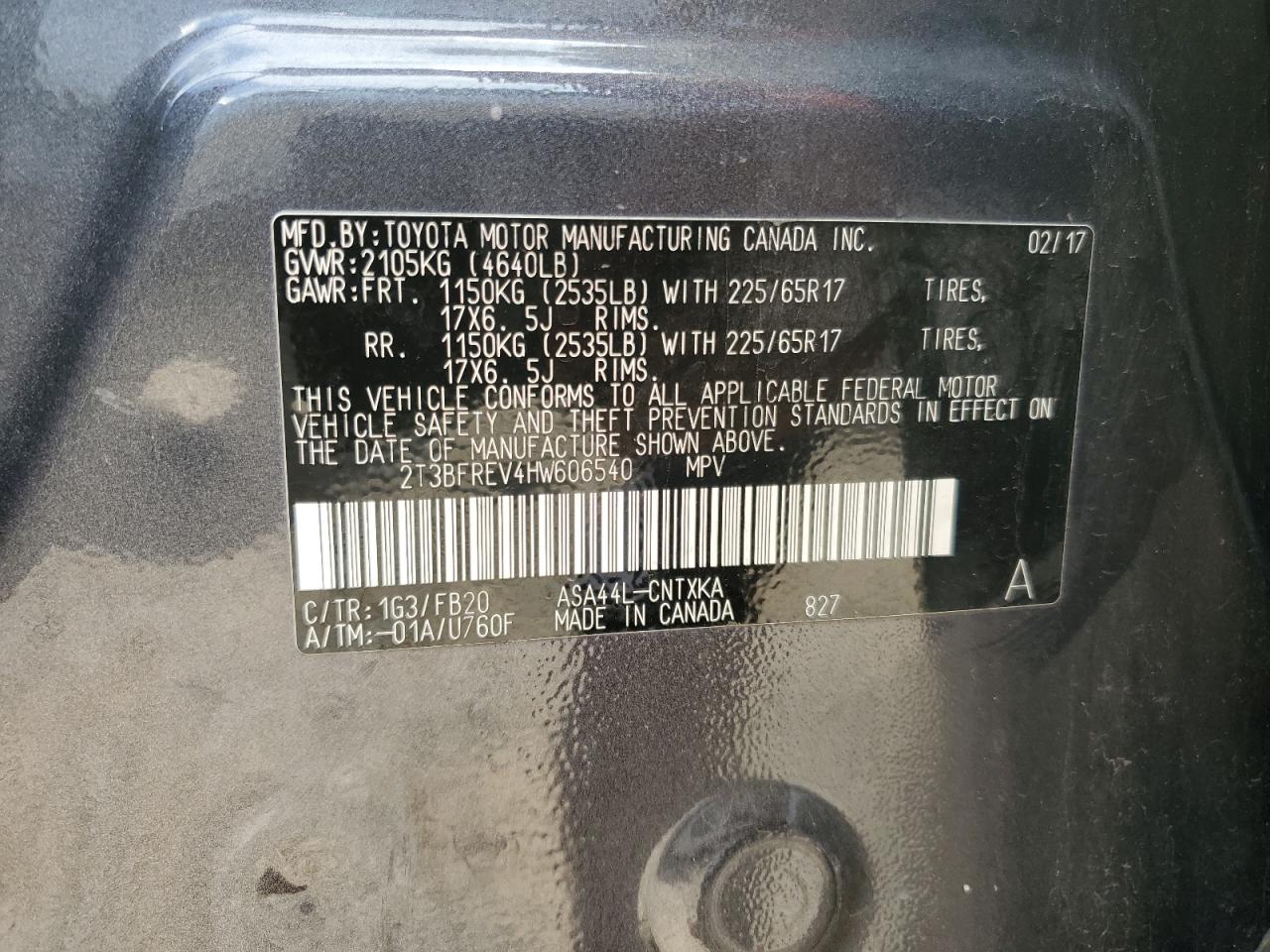 2017 Toyota RAV 4 VIN 2T3BFREV4HW606540 Copart auction photo, front end damage thumbnail 14
