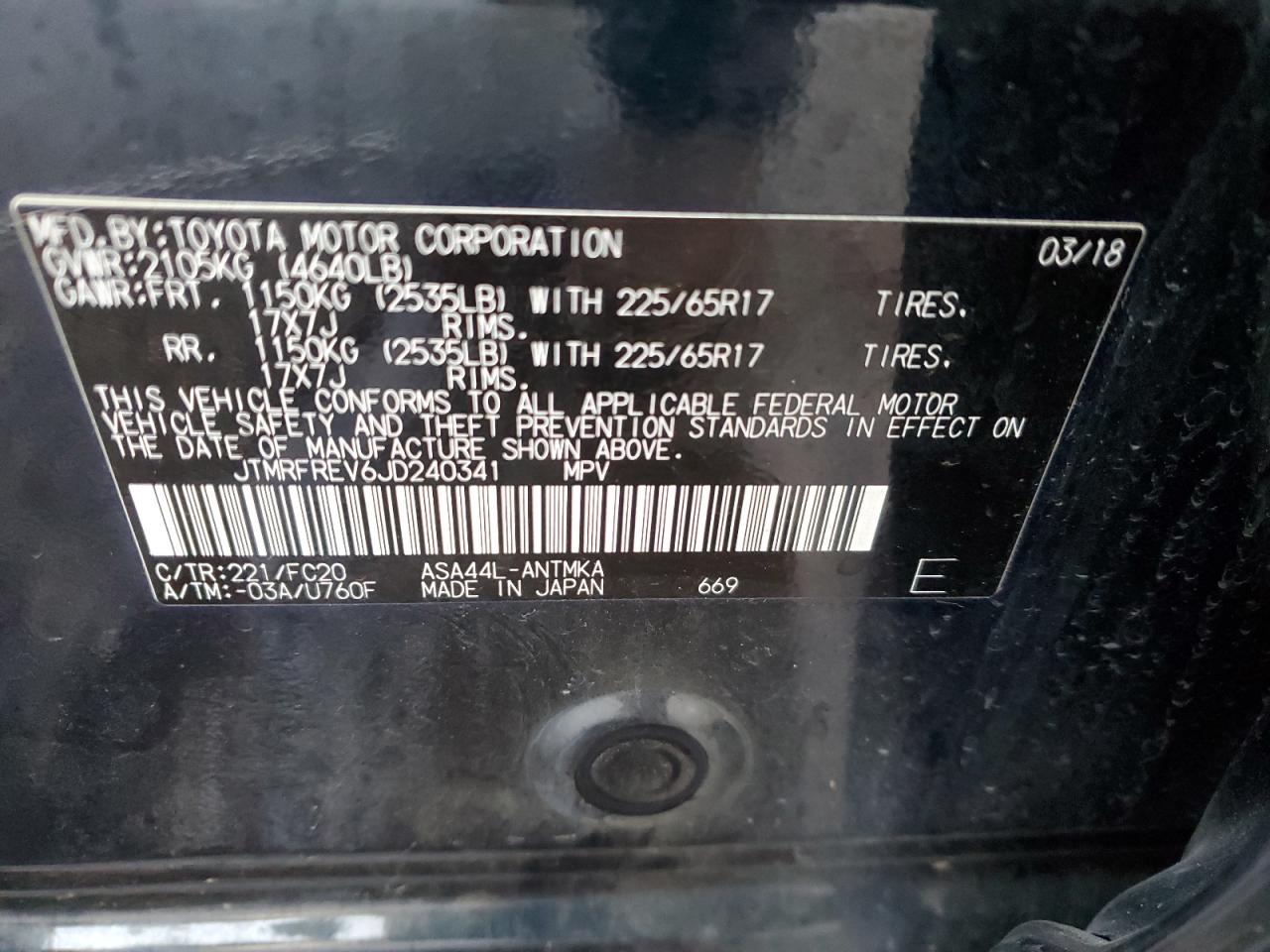 2018 Toyota RAV 4 VIN JTMRFREV6JD240341 Copart auction photo, rear end damage thumbnail 13
