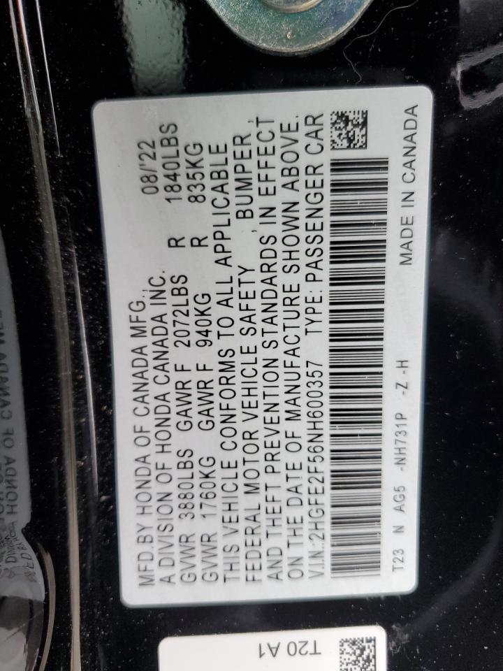 2022 Honda Civic VIN 2HGFE2F56NH600357 Copart auction photo, front end damage thumbnail 14