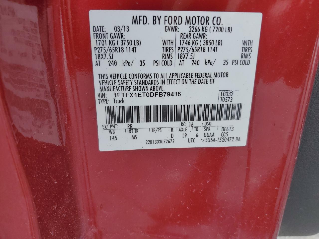 2013 Ford F-150 VIN 1FTFX1ET0DFB79416 Copart auction photo, burn / minor dent/scratches damage thumbnail 12