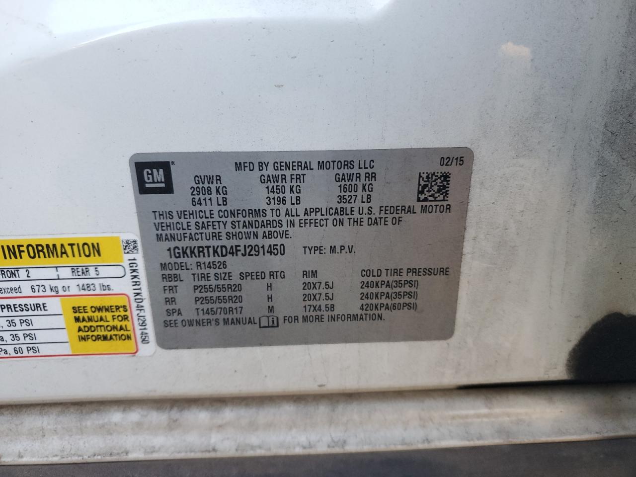 2015 GMC Acadia VIN 1GKKRTKD4FJ291450 Copart auction photo, front end damage thumbnail 14