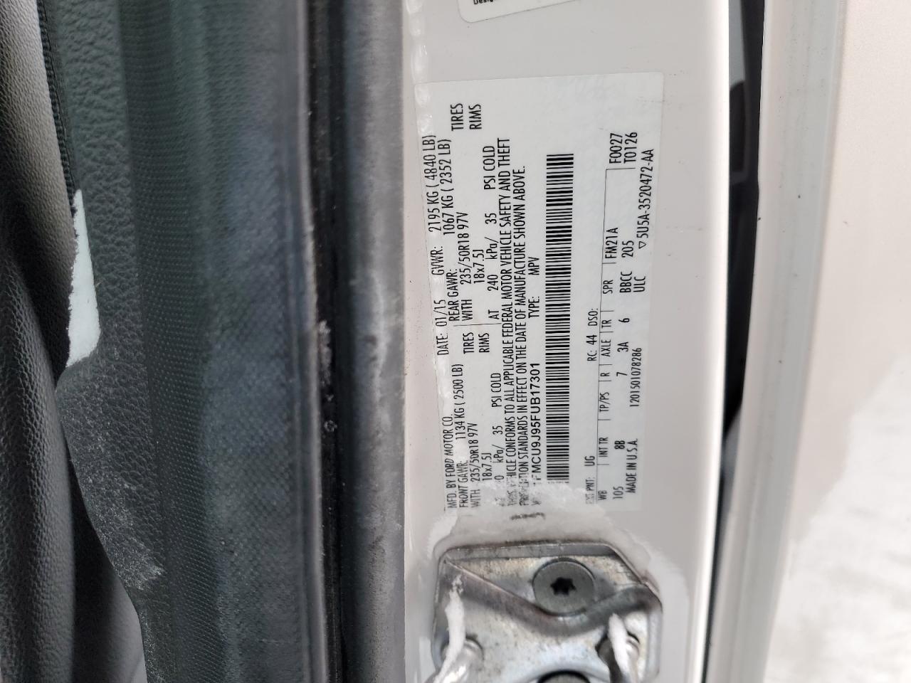 2015 Ford Escape VIN 1FMCU9J95FUB17301 Copart auction photo, front end / side damage thumbnail 13