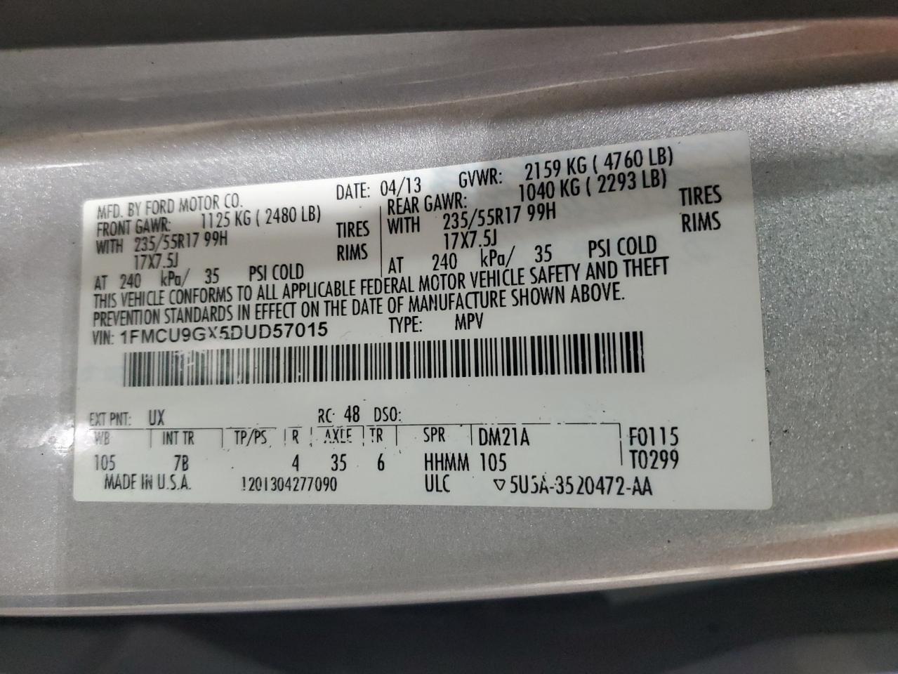 2013 Ford Escape VIN 1FMCU9GX5DUD57015 Copart auction photo, front end damage thumbnail 13