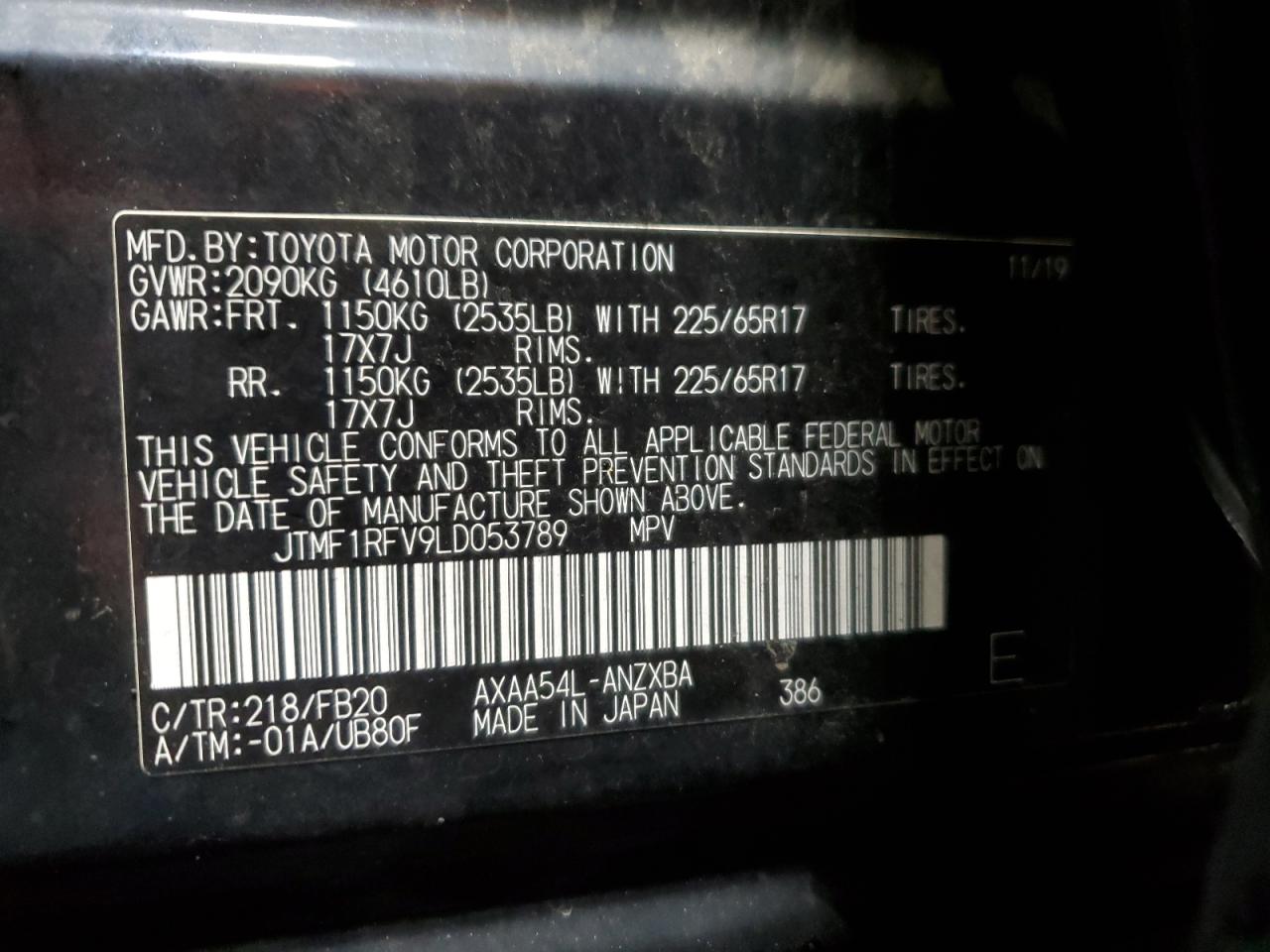 2020 Toyota RAV 4 VIN JTMF1RFV9LD053789 Copart auction photo, front end damage thumbnail 14