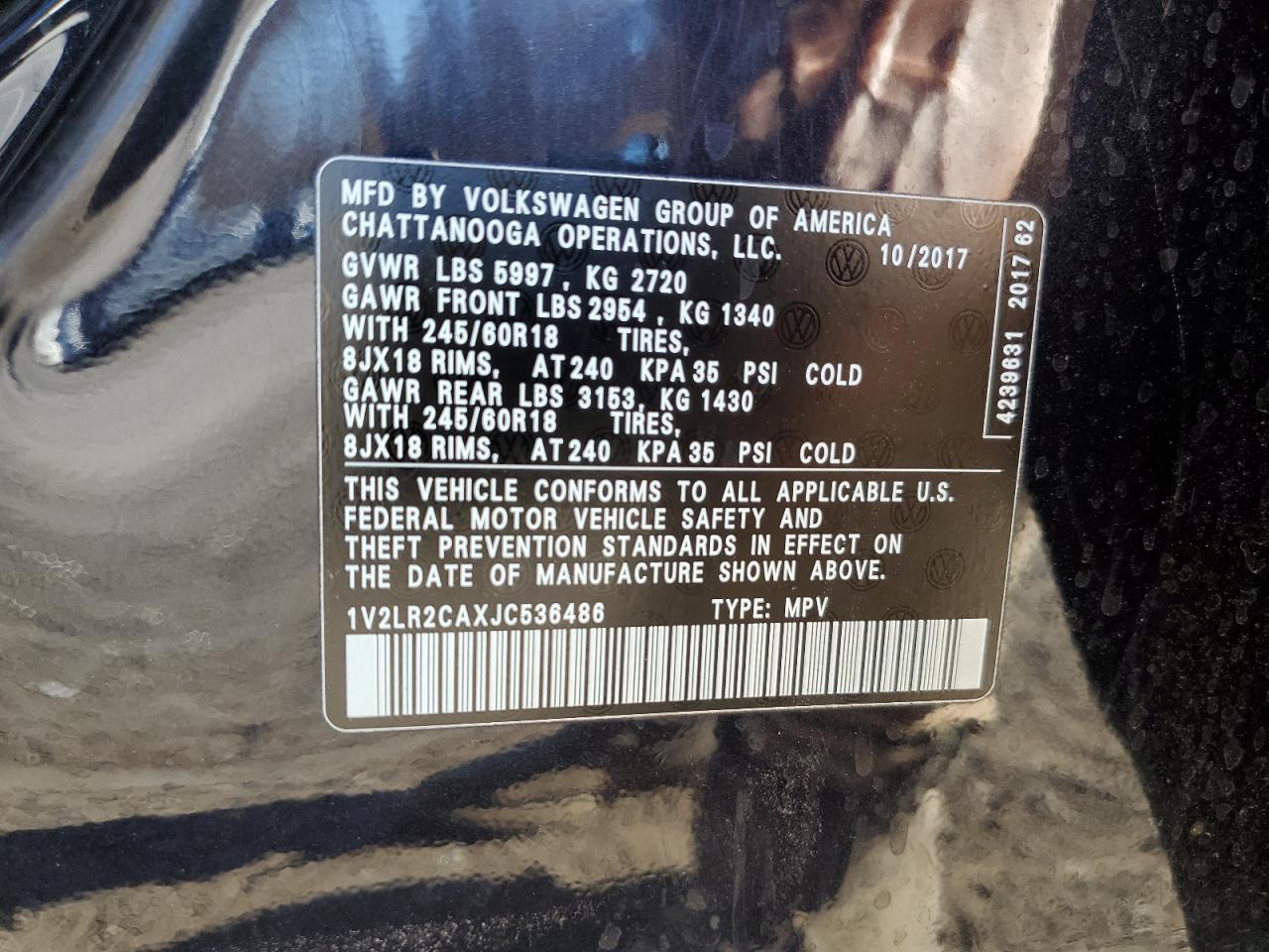 2018 Volkswagen Atlas VIN 1V2LR2CAXJC536486 Copart auction photo, front end / side damage thumbnail 15