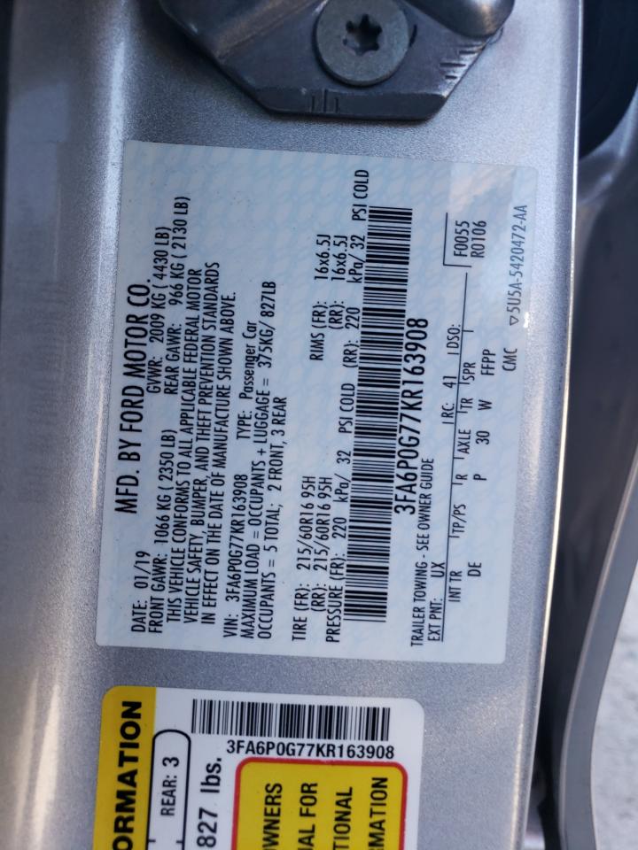 2019 Ford Fusion VIN 3FA6P0G77KR163908 Copart auction photo, front end / hail damage thumbnail 13