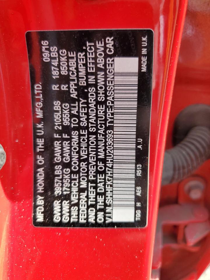 2017 Honda Civic VIN SHHFK7H74HU203693 Copart auction photo, all over damage thumbnail 12