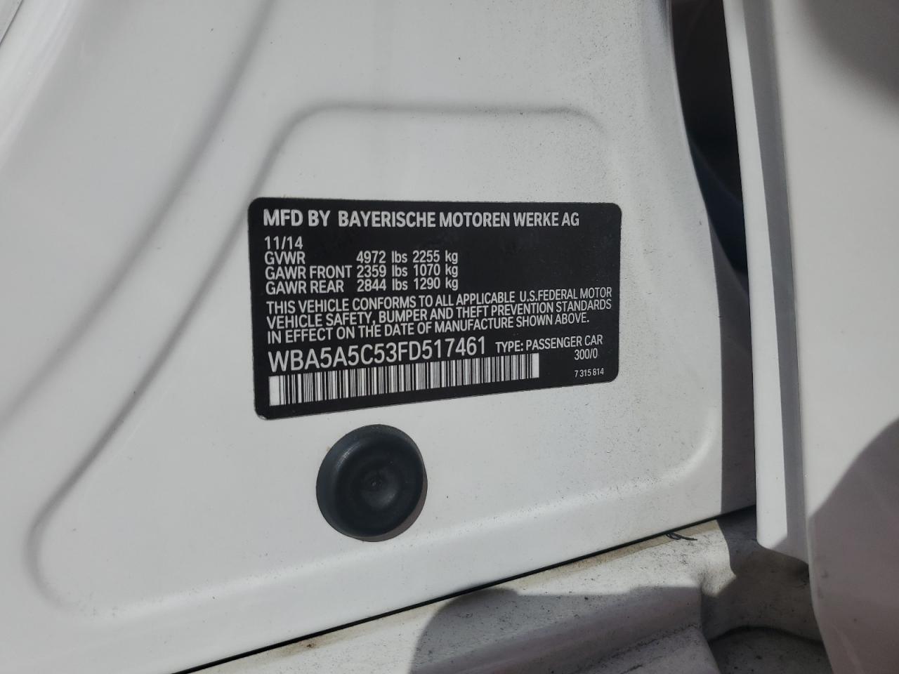 2015 BMW 5er VIN WBA5A5C53FD517461 Copart auction photo, water/flood damage thumbnail 12
