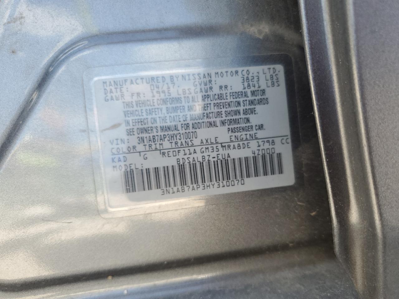 2017 Nissan Sentra VIN 3N1AB7AP3HY310070 Copart auction photo, all over damage thumbnail 14